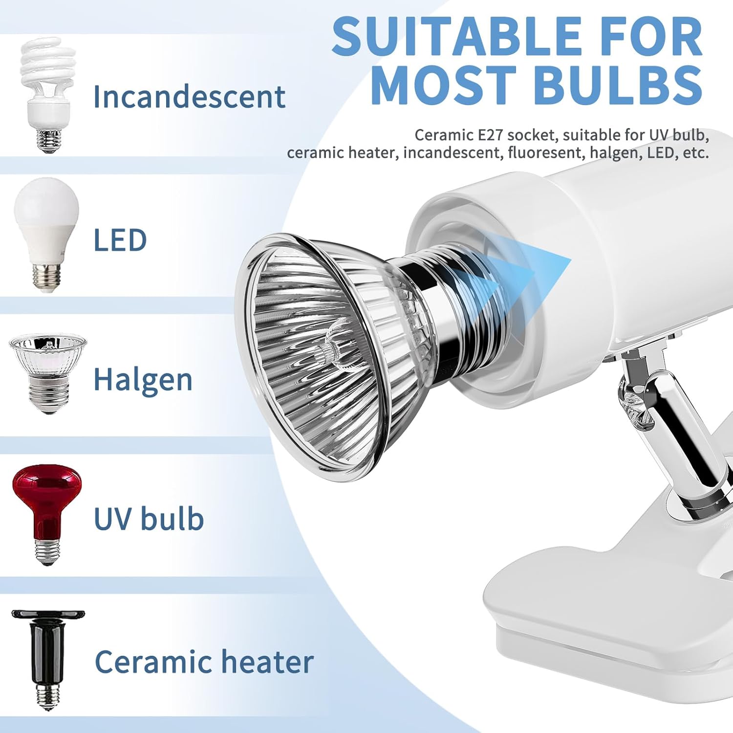 Rotatable Reptile Heat Lamp, UVA/UVB Light Lamp with 2pcs (25W + 35W) Basking Bulbs for Replacement, for Turtle, Lizard, Snake, Reptiles, Bearded Dragon (White)
