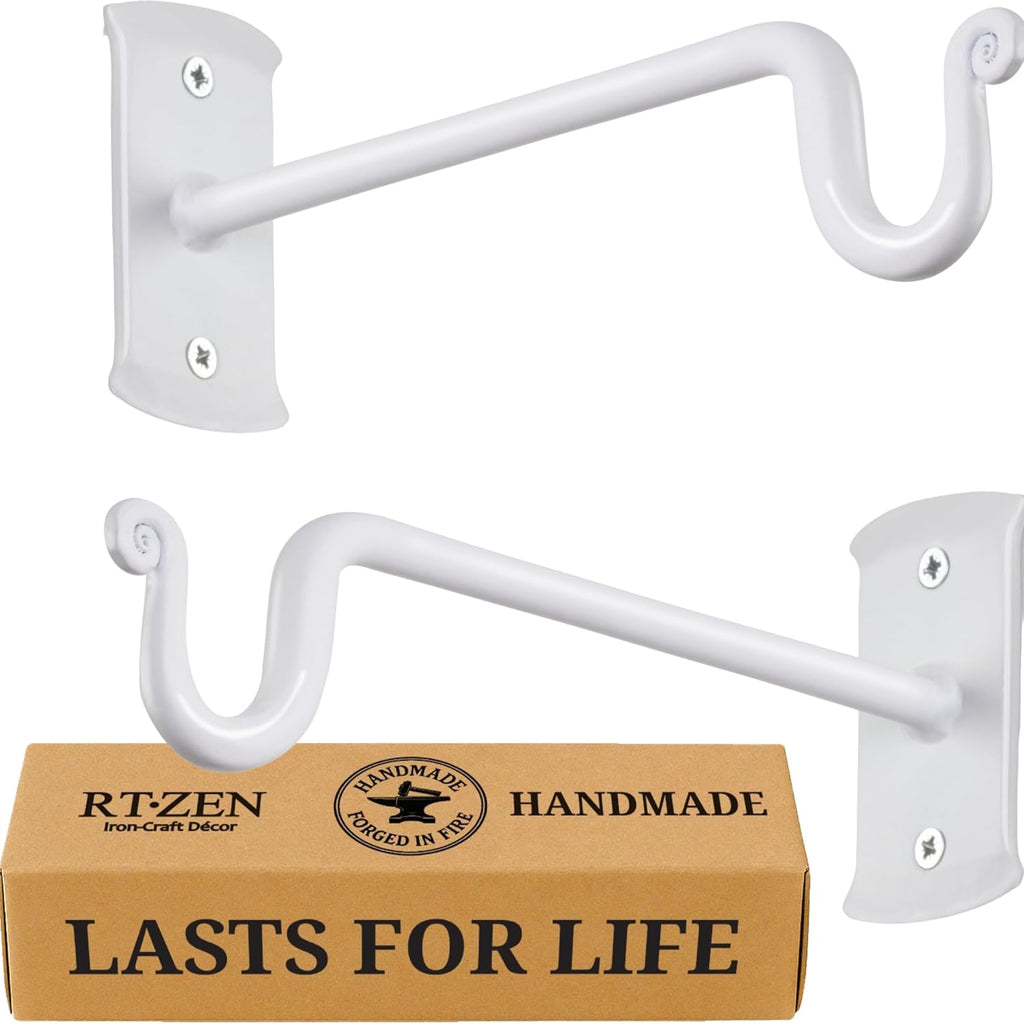 RTZEN Plant Hangers Indoor or Outdoor - Wrought Iron Metal Hanger Indoor Hook - Heavy Duty Wall Bracket Hooks for Hanging Plants Baskets Lanterns Wind Chimes - 2 Pack (White Shepherds Hooks)
