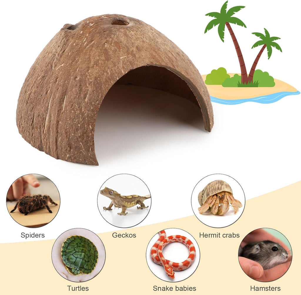 Hypeety Natural Coconut Reptile Habitat Hideout for Reptile, Lizard, Spider, Snake, Aquarium, Fish Hide Cave Hermit Crabs, Hamsters Natural Coco Hut Organic Non-Toxic Aquarium Decoration