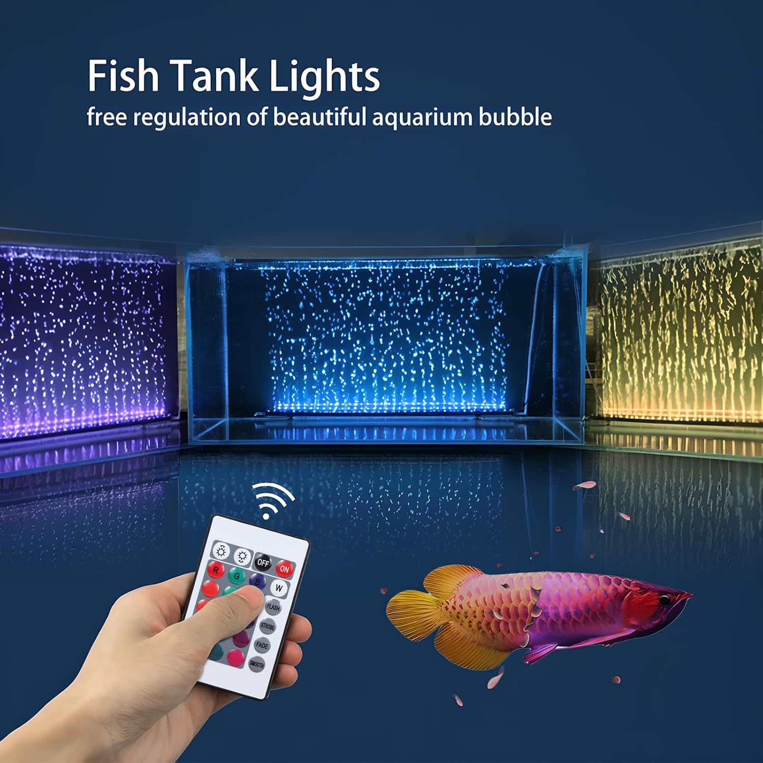 Submersible Aquarium Light, Fish Tank Light with Air Bubble Hole, RGB Color Changing Brightness Adjustable IP68 Waterproof Remote Control LED Light for Aquarium Fish Tank 20 inch