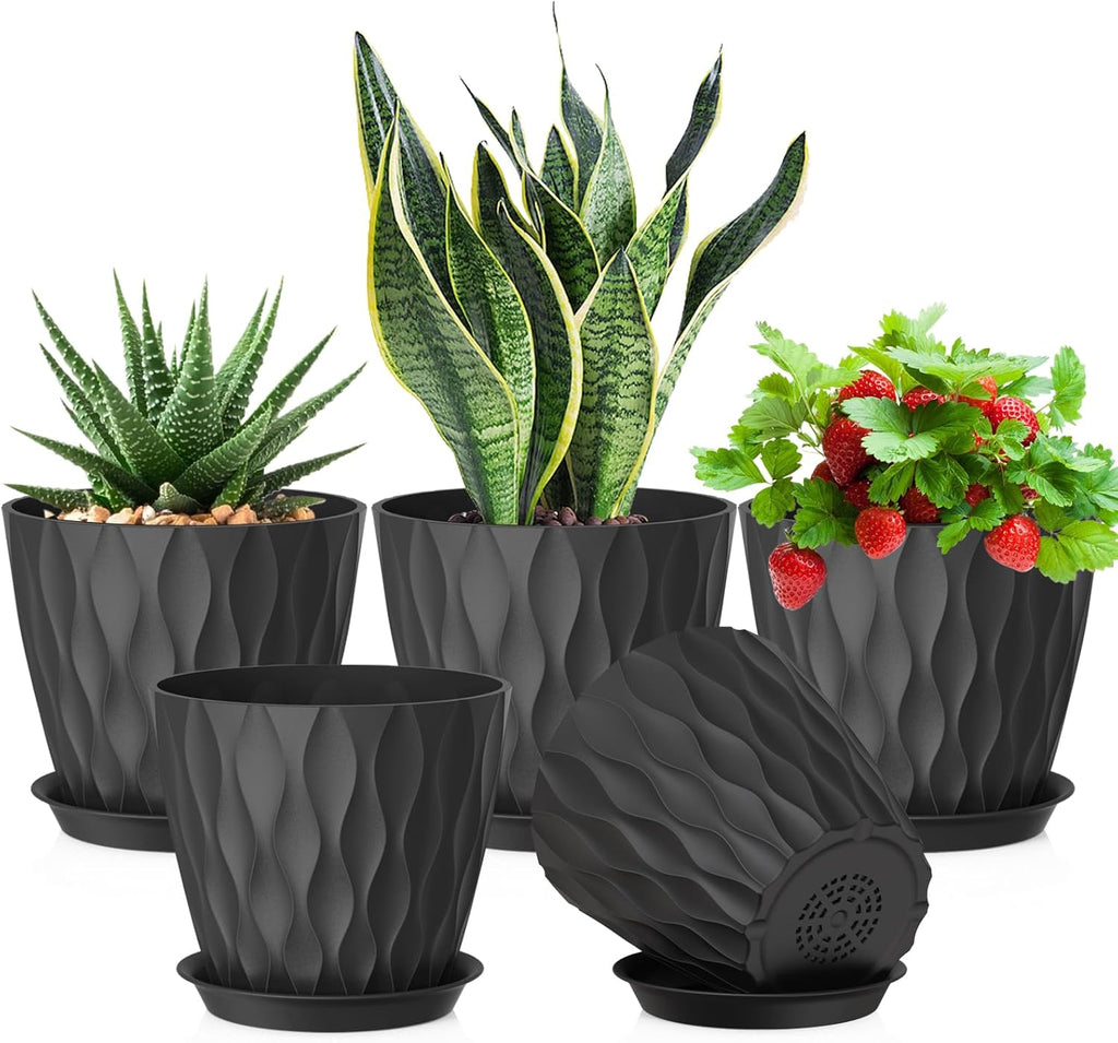 7 inch Plant Pots for Indoor Outdoor Plants, 5 Pack Thick Flower Pots with Drainage Holes and Saucers, 3D Modern Wave Texture Plastic Planter Pots for House Plants, Black