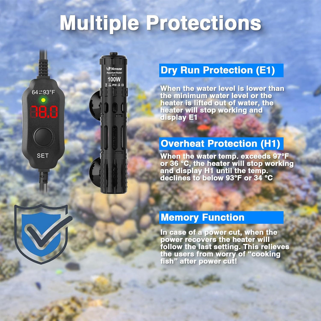 Fish Tank Heater with LED Digital Display Thermostat, Submersible Aquarium Heater with Protective Housing, 100W Adjustable Fish Heater for 10-20 Gallon Tanks