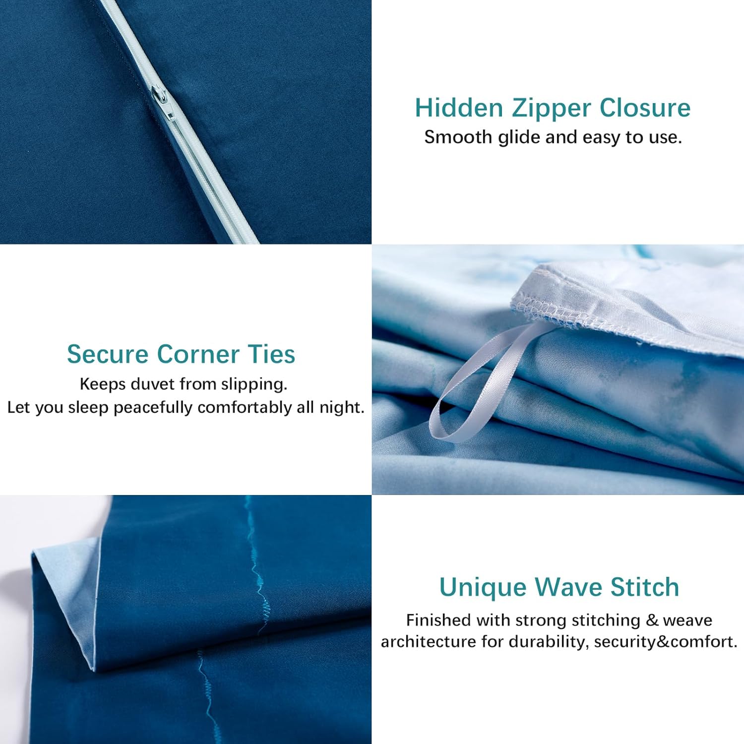 MILDLY Duvet Cover Set Full Size 100% Cotton Aqua White Watercolor Marble Pattern Comforter Cover Set Printed Reversible Soft Breathable Bedding Set