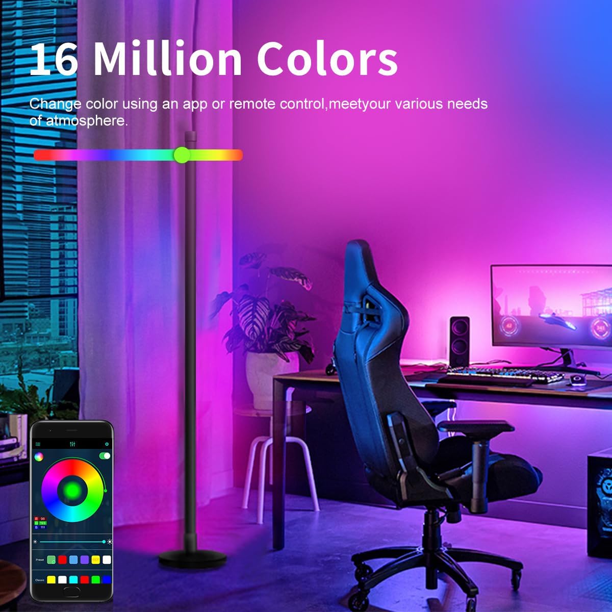 RGB Floor Lamp,Smart LED Corner Lamp with App and Remote Control,16 Million Colors & 80+ Scene,Music Sync,Timer Setting,Ideal for Living Rooms,Bedrooms,Gaming Rooms,Ambient Lighting (47” H)