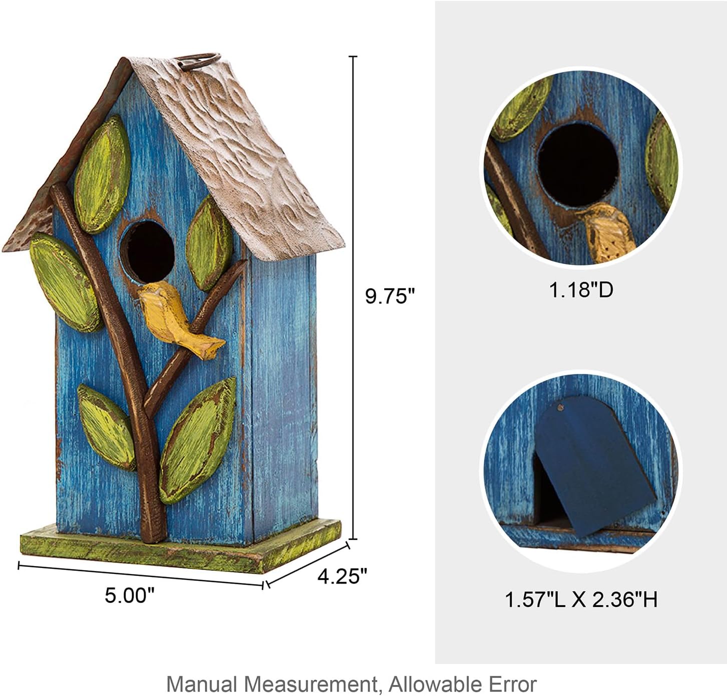 Glitzhome 9.84 Inch Bird House Distressed Leaves Wooden Garden Birdhouse for Outside