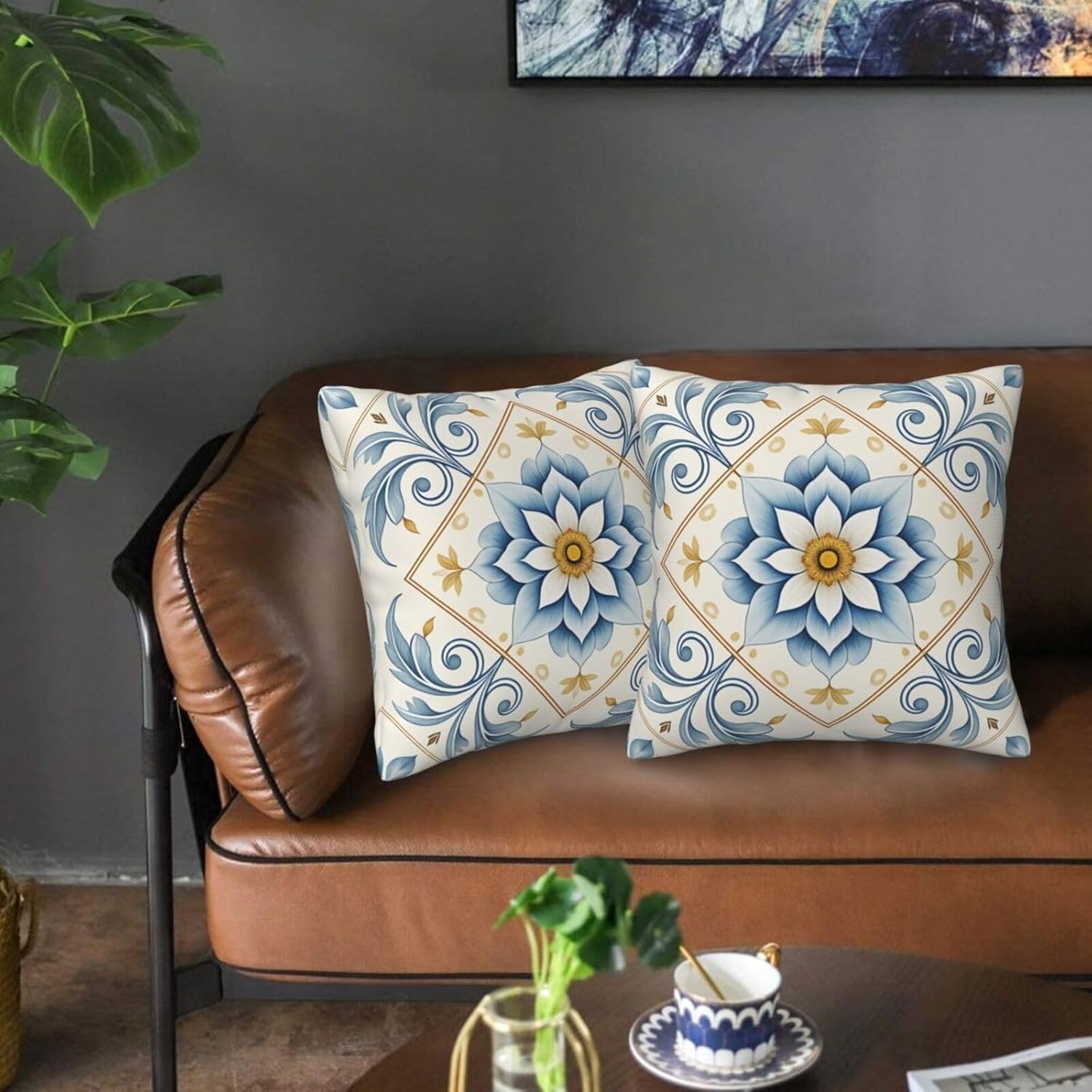 Mediterranean Blue Floral Throw Pillow Covers Set of 2 Ultra-Soft All-Season Pillow Shams with Hidden Zipper,Durable for Sofa Bed Car Decor & Gift Luxury 18x18IN