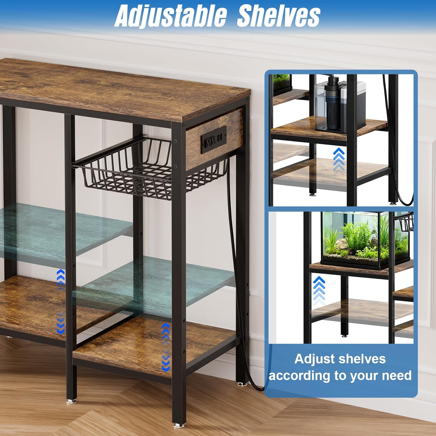Livofloral 20 Gallon Fish Tank Stand with Power Outlet, Metal Aquarium Stand with Adjustable Shelves and Pull Out Wire Tray, Ample Storage for Fish Tanks Accessories, Reptile Tank Stands, Brown