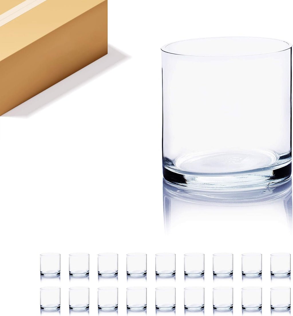 WGVI WGV Cylinder Vase Bulk, 4" W x 4" H, Floral Container, Glass Candle Holder Centerpiece Planter Terrarium for Wedding Party Event, Home Office Decor, Clear, 18 Pieces