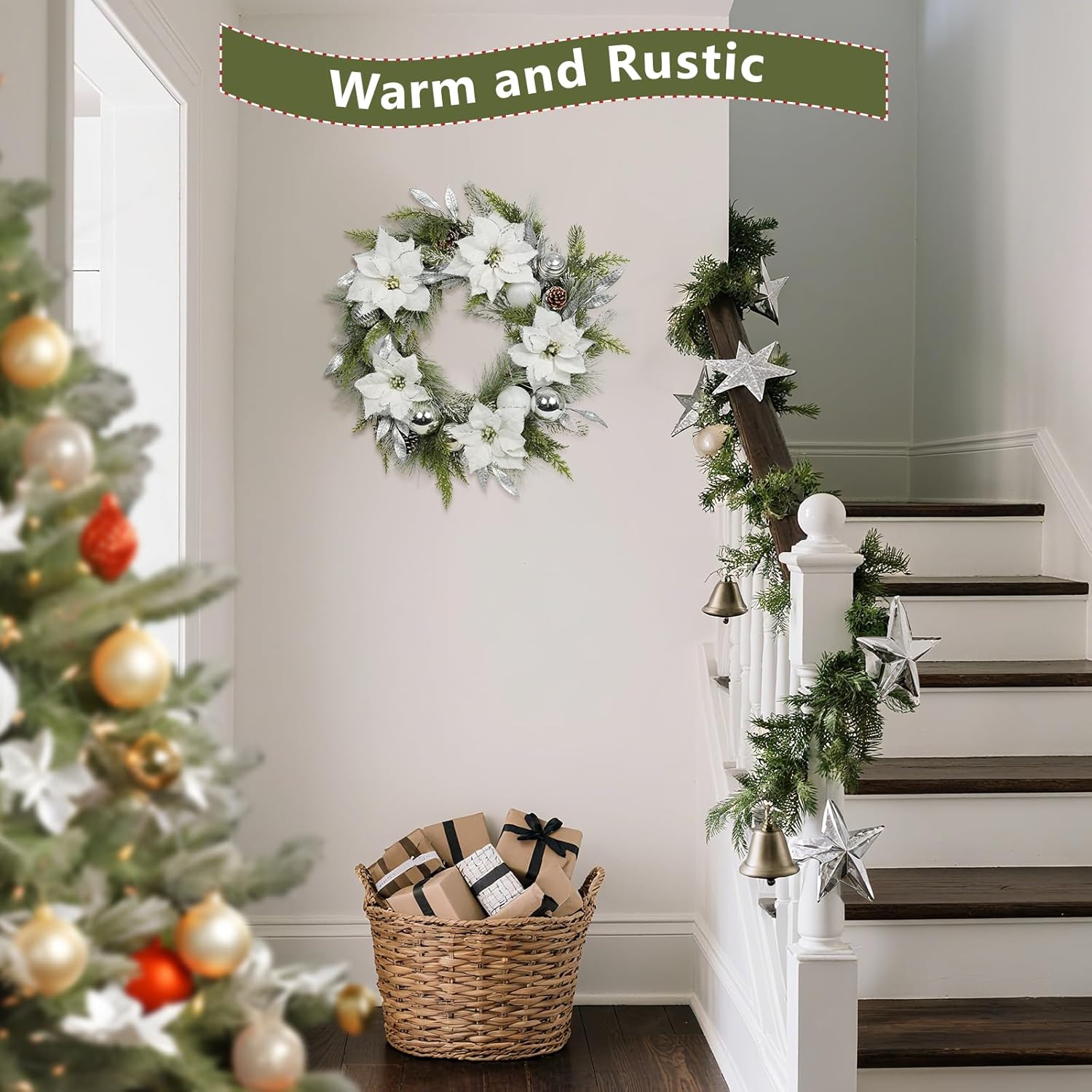 Christmas Wreath Artificial Wreath with White/Silver Balls, White Poinsettias and Silver Leaves Multi-Element Decoration for Indoor & Outdoor Doors, Corridors and Fireplaces