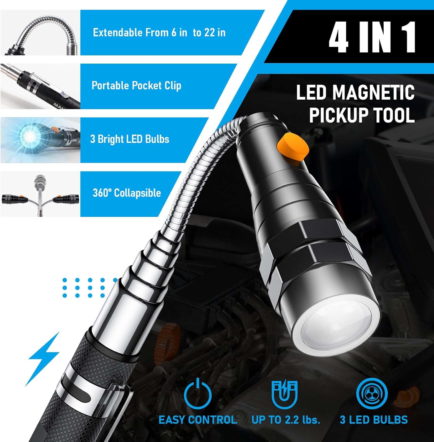 Telescoping Magnet Pickup Tool with 3 LED Magnetic Flashlight, Christmas Stocking Stuffers for Men Adults, Cool Gadgets Birthday Gifts for Men, Dad, Husband, Boyfriend