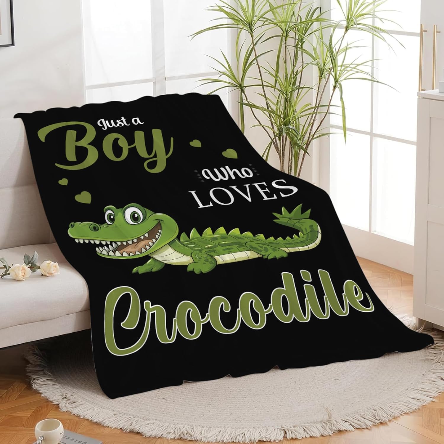 Just A Boy Who Loves Crocodile Throw Blanket Alligator Print Throw Blankets Gifts for Couch Sofa Bed Stuff Decor Soft Cozy Fleece Plush Warm Flannel Bedding for Lover 40"x50"