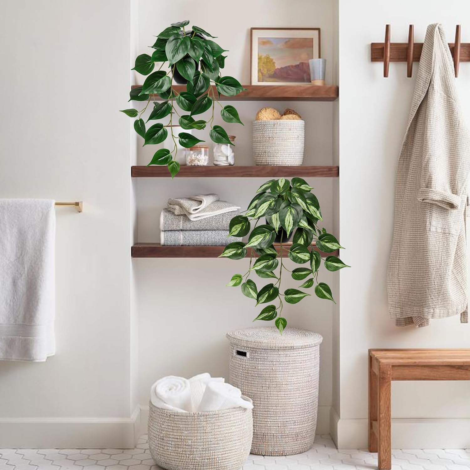 DILATATA 2 Pack Artifitial Hanging Plants 18" Fake Devil's Ivy Golden Pothos Plants, Hanging Potted Plants for Home Office Bedroom Indoor Outdoor Decor