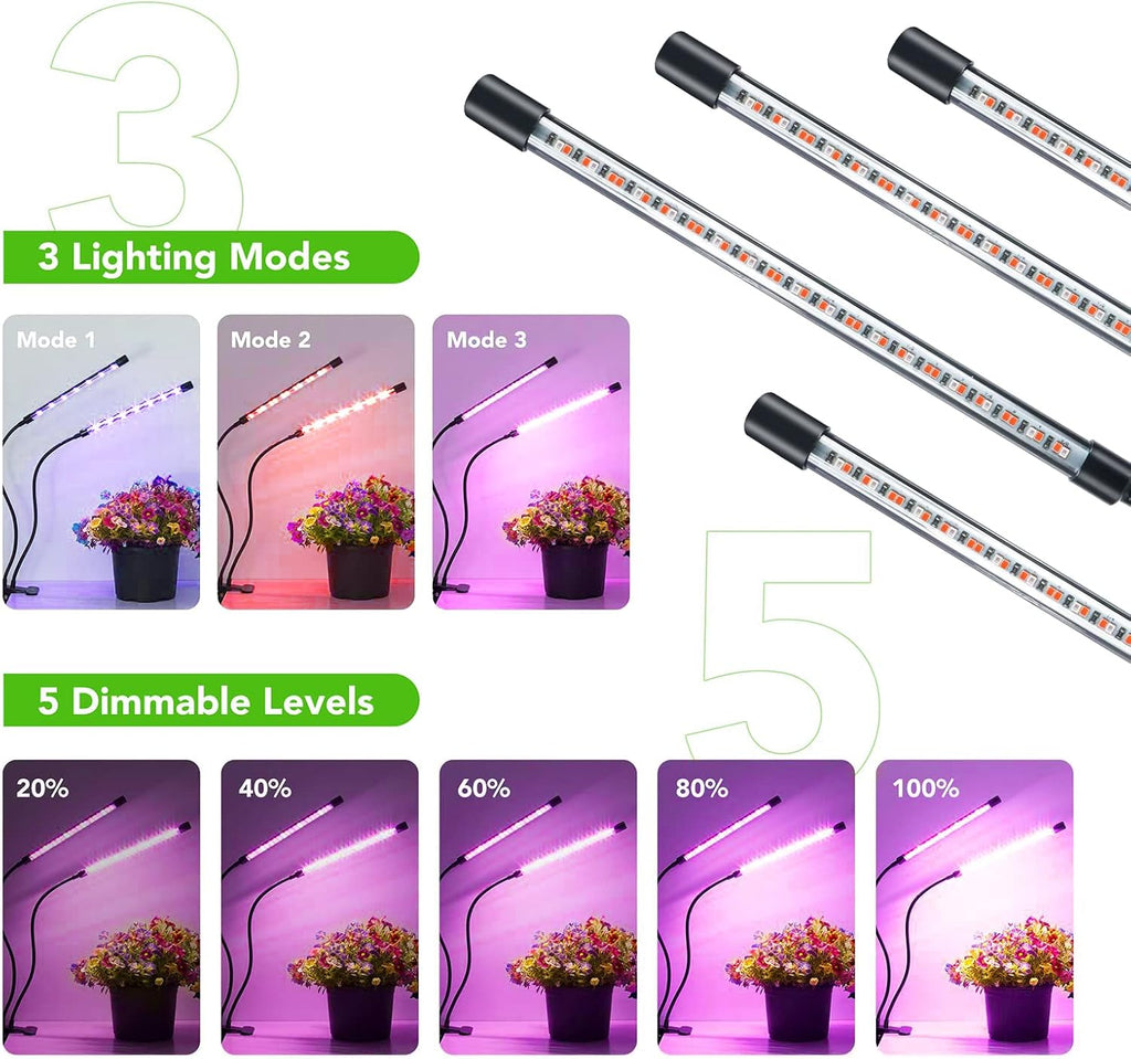 Plant Lights for Indoor Growing, Red Blue Spectrum 4 Heads Clip Grow Lamps with 10 Feet Cables for Seeding Blooming and Fruiting(2 Pack)