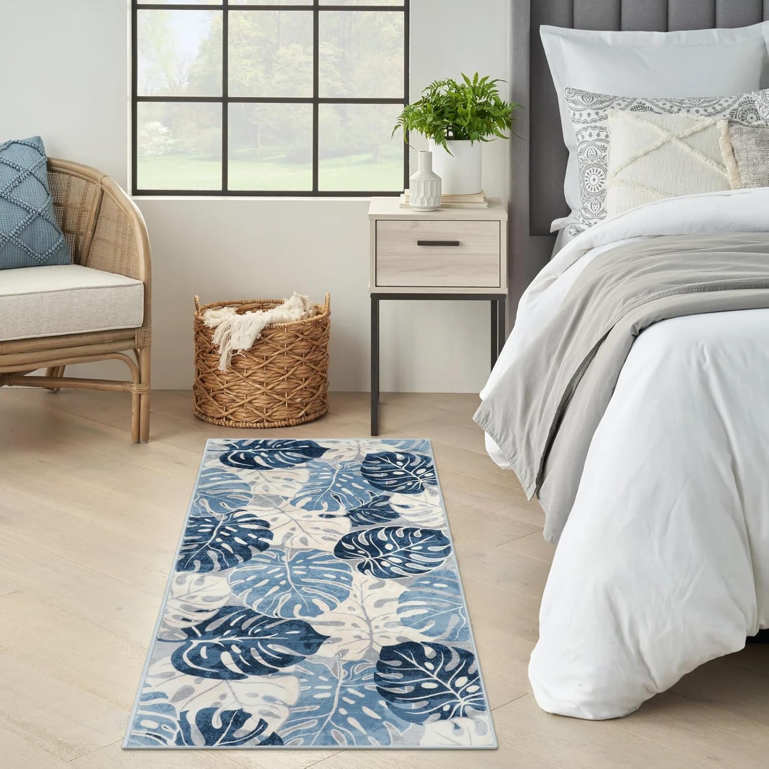 Wonnitar Tropical Washable Runner Rug 2x4.3, Non-Slip Monstera Leaf Blue Kitchen Rug Runner, Soft Low Pile Laundry Room Carpet Non-Shedding Floor Mat for Bedroom Bathroom Bedside