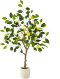 Artificial Lemon Tree, 4ft Tall Fake Lemon Silk Plant with White Planter, Faux Lemon Plastic Fruit Tree for Indoor Home Decor Office Living Room