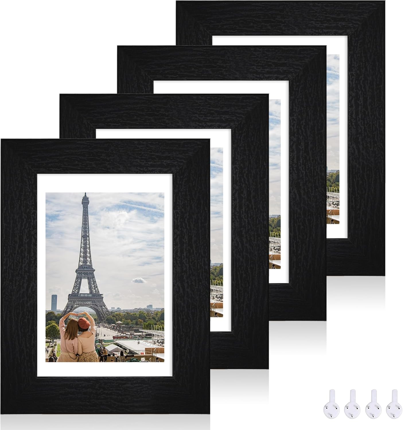 4x6 Picture Frame Set of 4, Made of Real Glass and Rustic Black Wooden Frame, 4 by 6 Photo for Wall or Tabletop - Display Picture 3.5x5 with Mat or 4x6 Without Mat