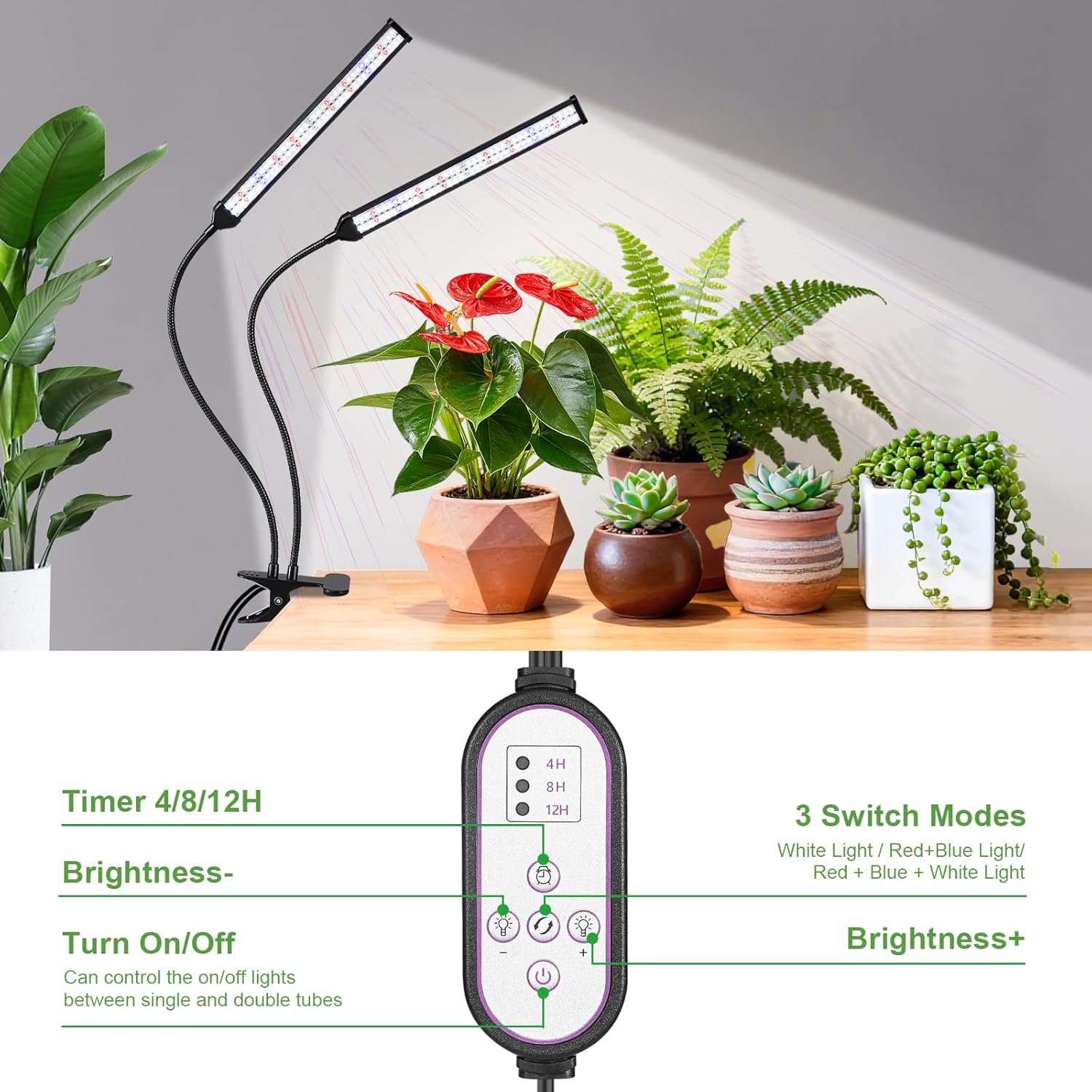 Indoor Clip-on Plant Growth Light, Full Spectrum Grow Light with 156 LEDs, Flexible Gooseneck and 4/8/12H Timer, 3 Spectral Modes, 10 Levels of Dimming, Suitable for Seedlings and Succulent Seeds