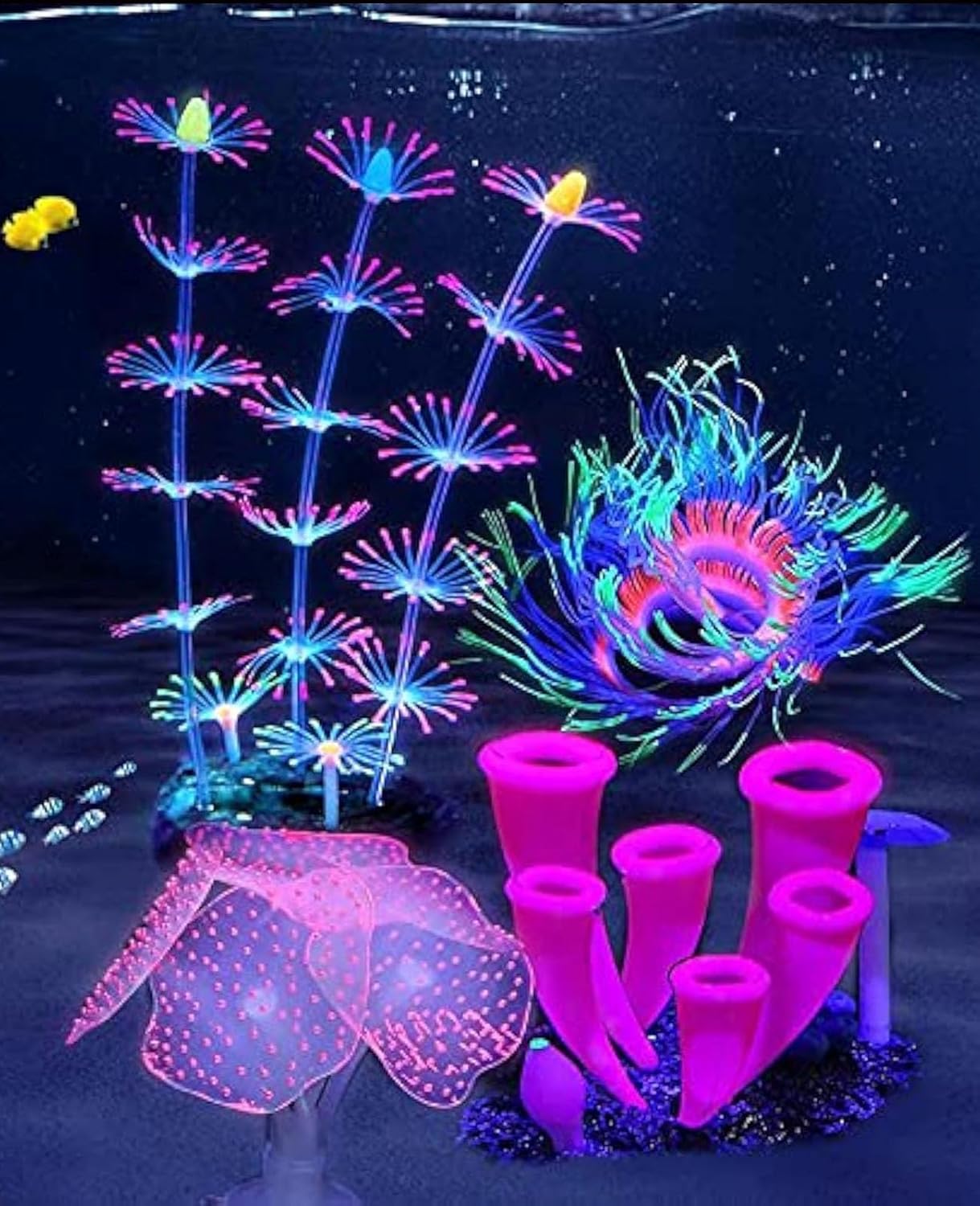 4 Pieces Aquarium Fish Tank Decorations with Glowing Effect, Silicone Glow Artificial Ornament Coral Reef Plants for Aquarium Decoration Small and Large Fish Bowl Decor Accessories