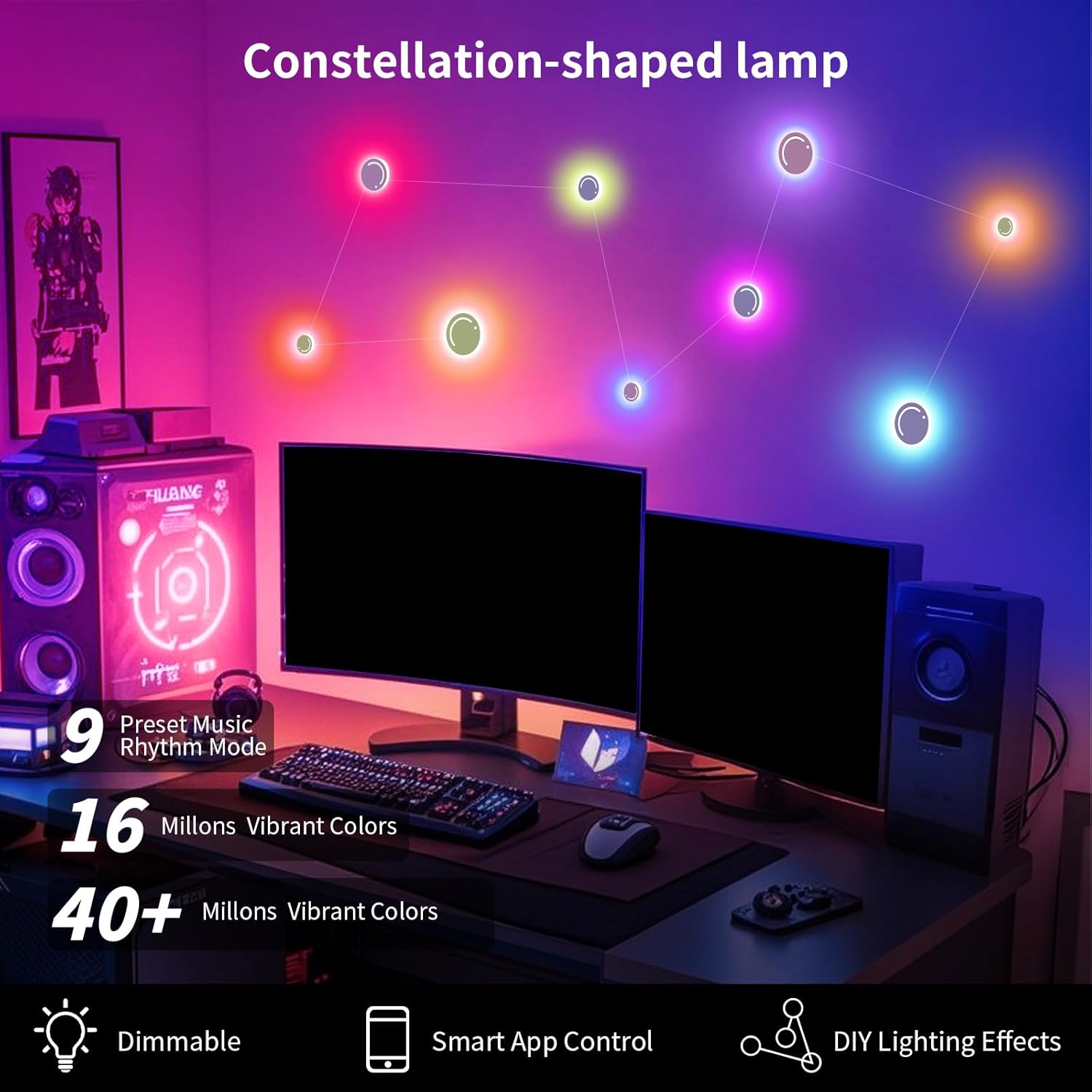 DIY LED Wall Lights, Led Strip Lights, Customizable LED Constellation Light with App & Remote Control, Music Sync, Color-Changing Lighting for Living Room/Home Decor