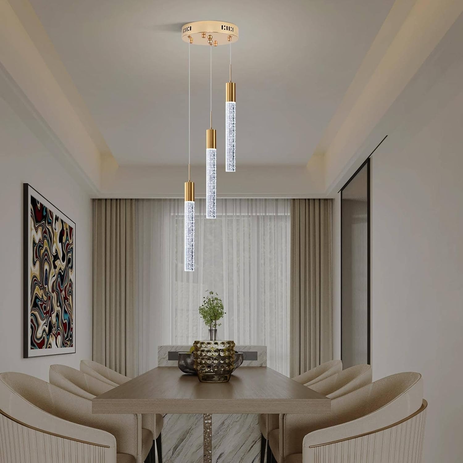 Modern Crystal Chandelier 3-Lights, Spiral LED Raindrop Kitchen Island Pendant Lighting, Bubble Foyer Dinimg Room Hanging Light Fixture Remote Control Gold