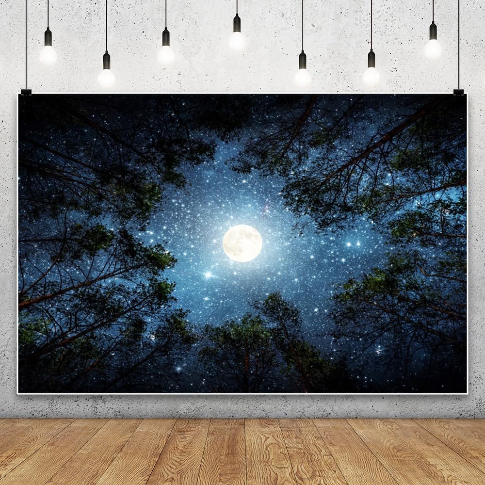 Laeacco 7x5ft Forest Night View Backdrop Galaxy Starry Sky Moonlight Tops of Green Trees Natural Landscape Photography Background Forest Camping Adventure Birthday Party Decor Photo Booth Props