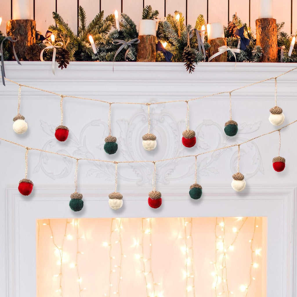 Boao 18 Pcs Felt Acorn Ornaments Christmas Wool Pom Acorn Ball Decor Hanging Pine Cone Garland with 32.8 ft Rope for Tree Fall Thanksgiving Woodland Farmhouse Mantel Wall Decor