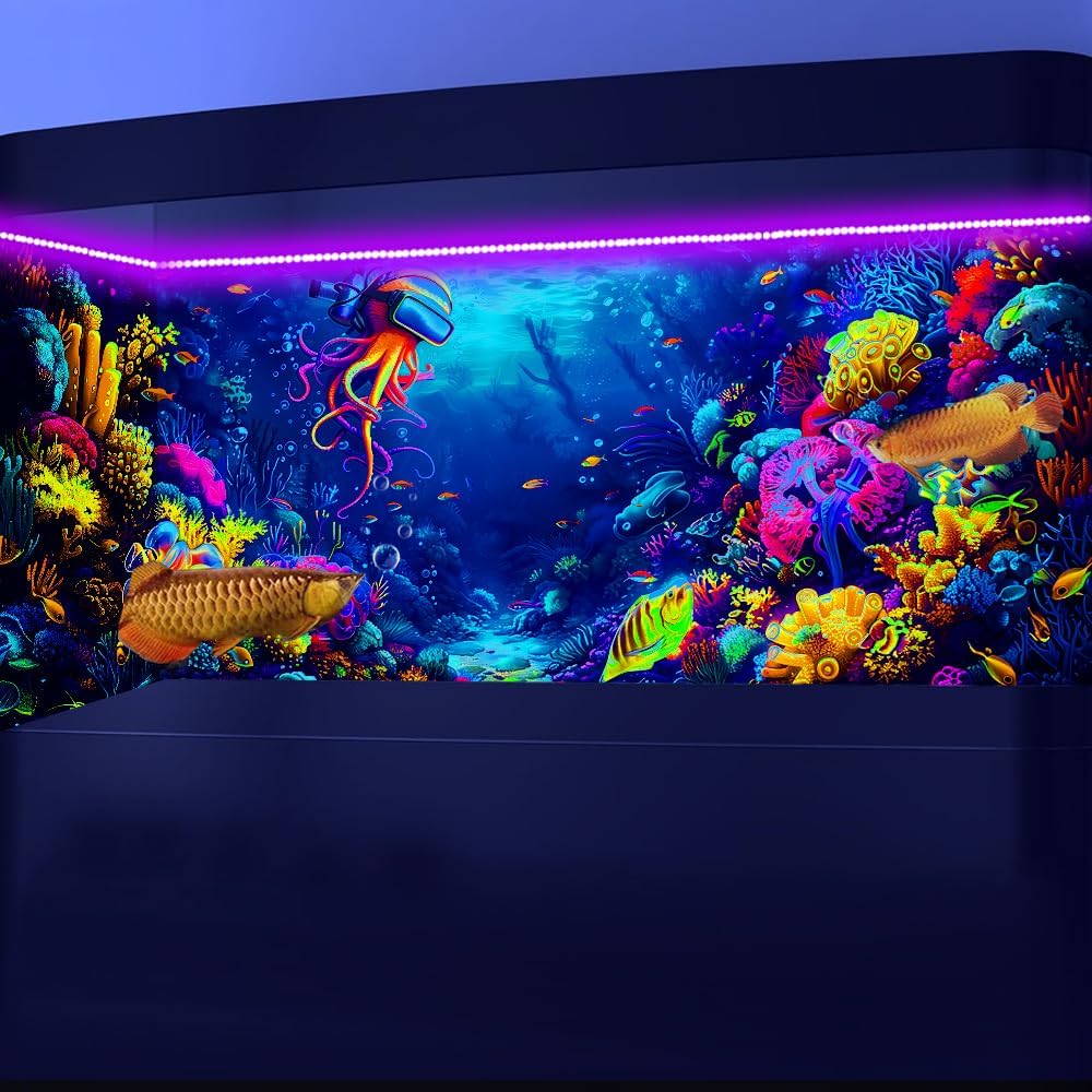 30X18IN Blacklight Ocean HD 3D Black Light Aquarium Background UV Reactive Octopus Background Terrarium Background with 10 EVA Double-Sided Tape with 10 EVA Double-Sided Tape