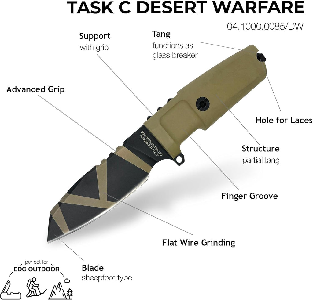 Extrema Ratio - Task C (Desert) Fixed Blade Knife, Böhler N690 Steel Blade Hardened to 58 HRC, Dark Stone-Washed Finish, Full-Tang Design, Ergonomic Forprene Handle, Precision Handcrafted in Italy, Durable and Reliable
