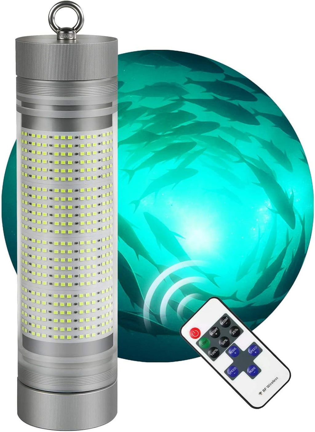 Rechargeable Underwater Fishing Light, Built-in Battery & Cordless, Remote Dimmable, Auto-On in Water, IP68 Waterproof, Multi-Color, Suitable for Boat, Dock, Freshwater, and Saltwater