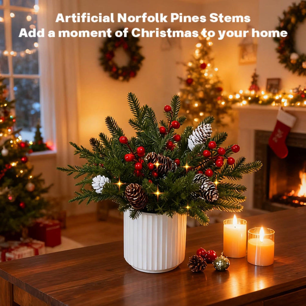 13 Inch Artificial Norfolk Pine Branches with Red Berry in a White Ceramic Pot,Christmas Greenery with Lights Pine Cones for Xmas Kitchen Living Room Tabletop Decor (40 Pcs)