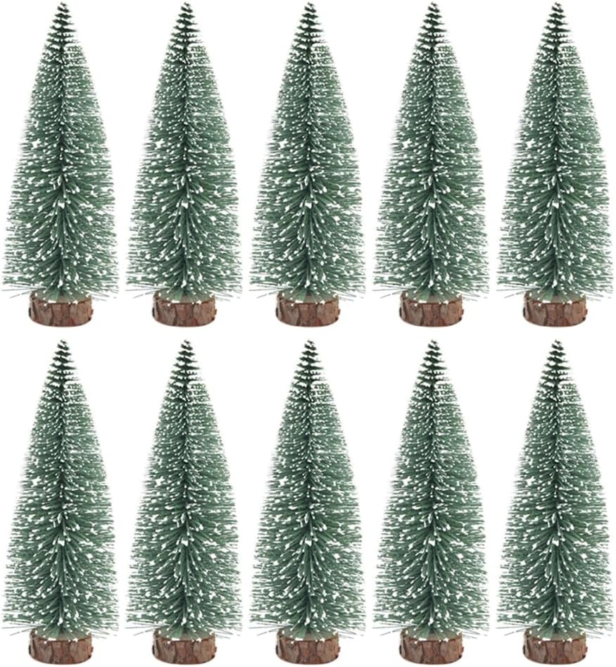 10Pcs Mini Christmas Trees, Bottle Brush Trees with Wood Base Sisal Snow Pine Trees for XmasTable Top Decor Winter Crafts Ornaments