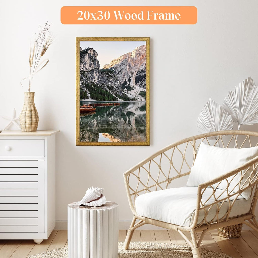 Wood 27x40 Frame Gold, Ornate Natural 40x27in Poster Picture Frame, Modern Golden 27 x 40inch Gallery Wall Photo Frame with HD Plexiglass, Horizontal Vertical Wall Mounting Display 1pcs