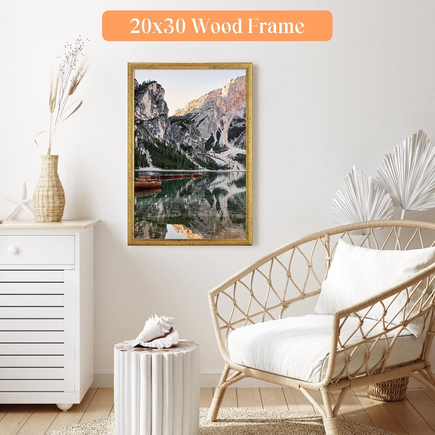 20x30 Solid Wood Frame Gold, Ornate Natural 30x20in Picture Poster Frame, Modern Golden 20 x 30inch Gallery Wall Pic Photo Frame with HD Plexiglass, Horizontal Vertical Wall Mounting Display 1pcs
