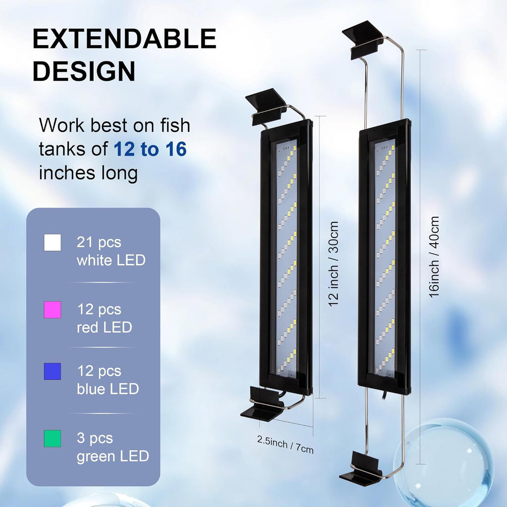 Led Aquarium Light, Full Spectrum Fish Tank Lights, Small 5/10 Gallon Freshwater Fishtank Hood Lighting for Grow Fish, Plants, Adjustable from 12 to 16 Inch