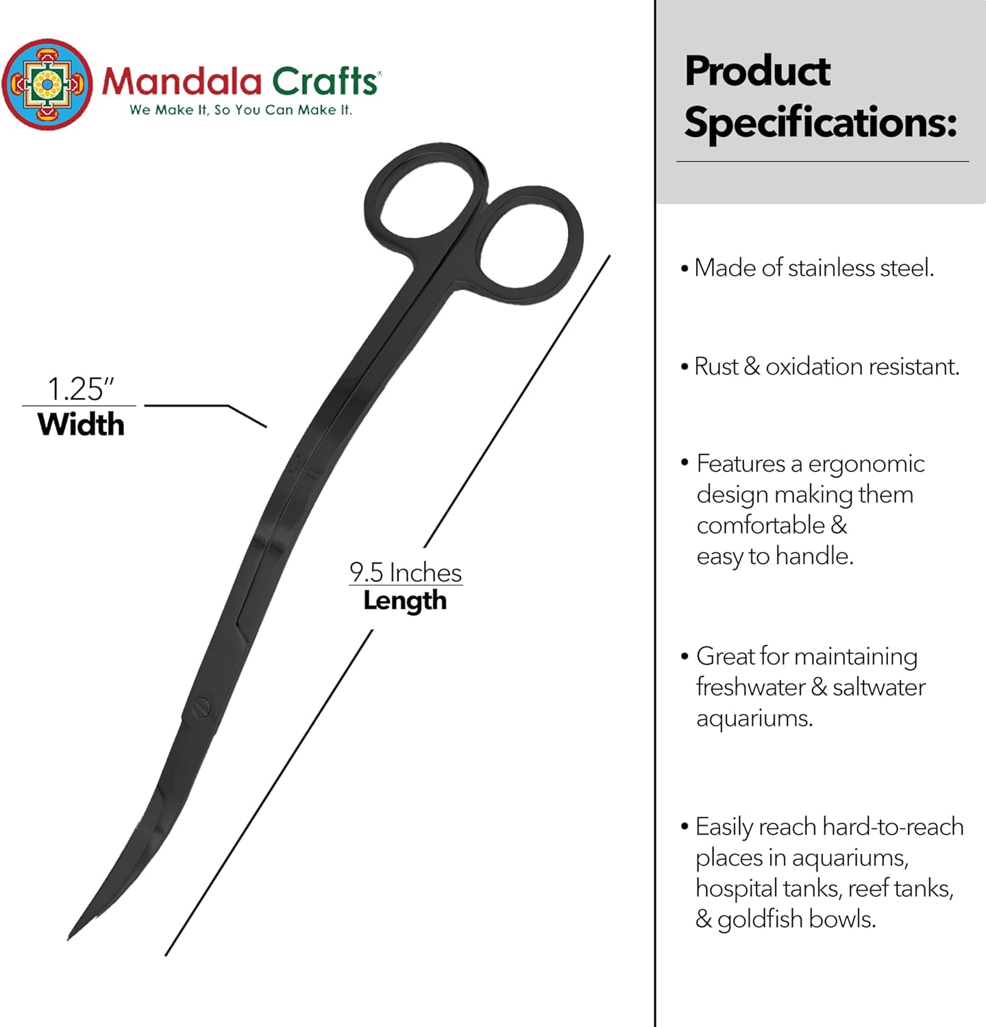 Mandala Crafts Extra Long Black Stainless Steel Curved Aquarium Scissors for Trimming Aquatic Plants – Wave Aquascape Scissors for Fish Tanks, Hospital Tanks, Goldfish Bowls, Aquariums, and Terrariums