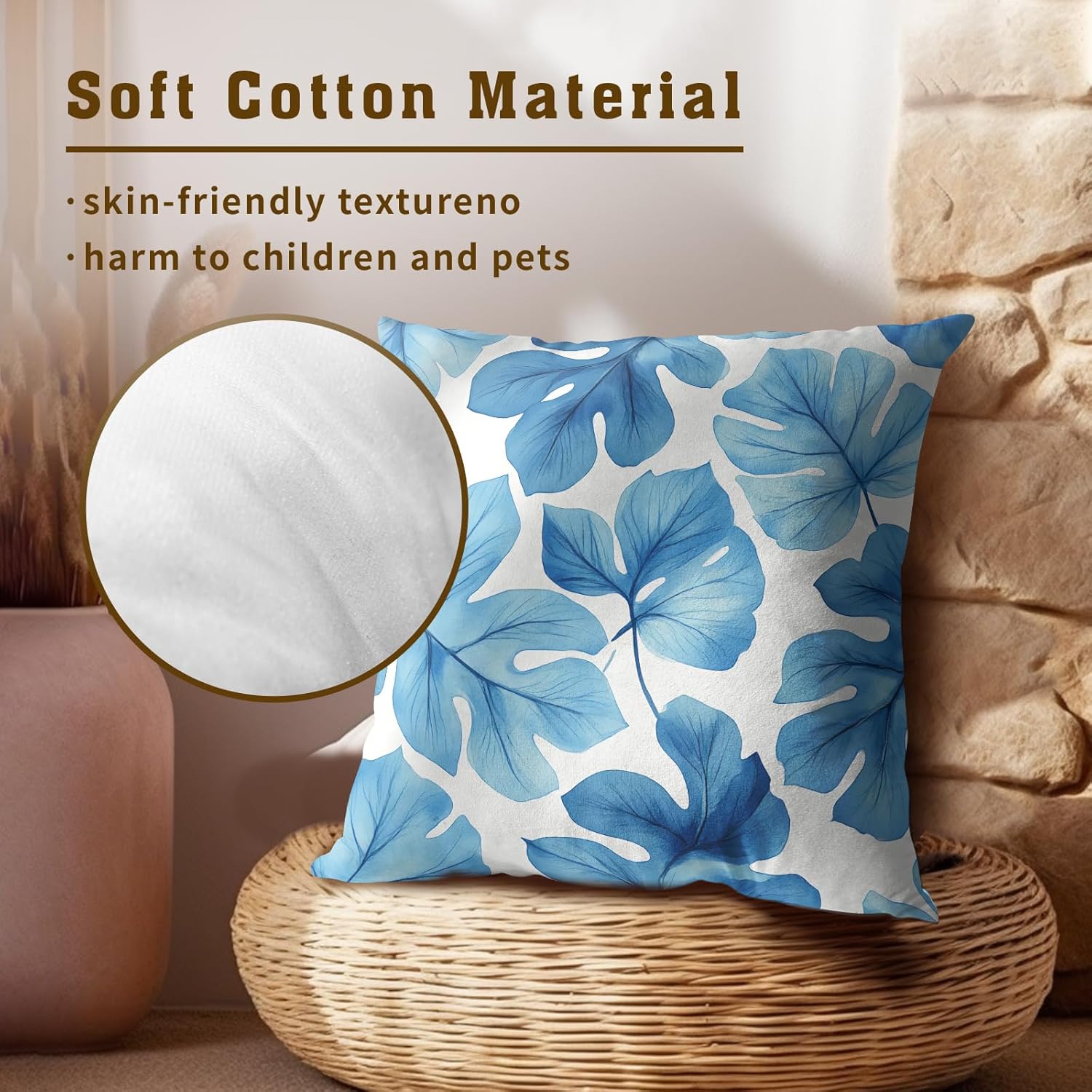 Blue Tropical Leaves Throw Pillow Covers Set of 2 Ultra-Soft All-Season Pillow Shams with Hidden Zipper,Durable for Sofa Bed Car Decor & Gift Luxury 18x18IN