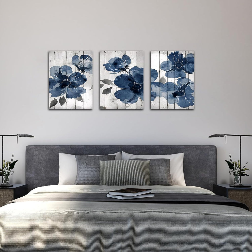 The Mode Art Canvas Wall Art Navy Blue Wildflower Watercolor Boho Botanical Floral 3Pcs Flower Wall Decor Pictures Modern Posters for Bedroom Living Room Home Decoration 12x16in