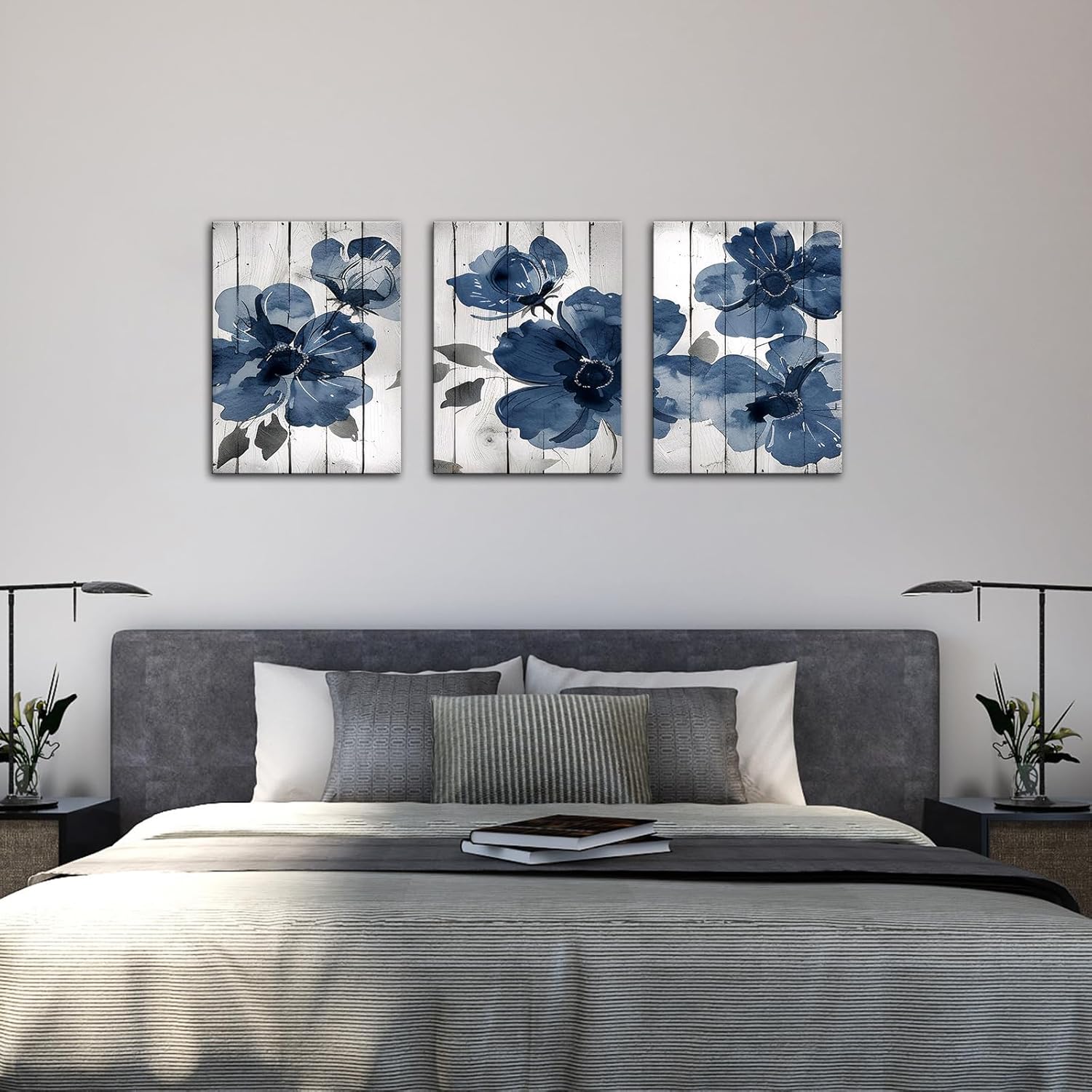 The Mode Art Canvas Wall Art Navy Blue Wildflower Watercolor Boho Botanical Floral 3Pcs Flower Wall Decor Pictures Modern Posters for Bedroom Living Room Home Decoration 12x16in
