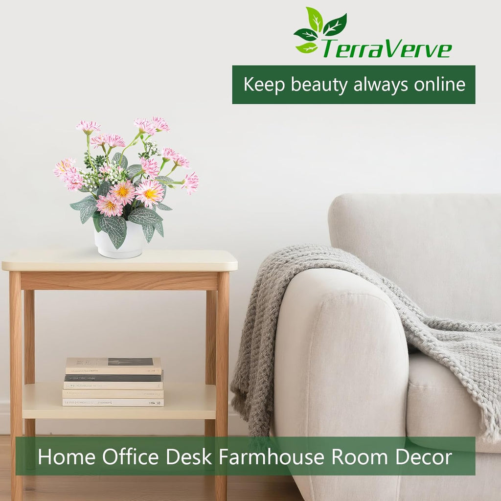2-Piece Artificial Mums Set & Silk Flowers| Fake Flowers Indoor Planters for Living Room, Bedroom, Bathroom & Office Decor | Boho Style Artificial Plants & Flowers Decor