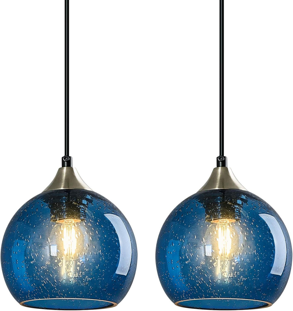 Blue Glass Pendant Lights Kitchen Island Lighting Globe Pendant Light Fixtures Modern Lighting for Kitchen Island Bedroom Living Dining Room (5.9in, 2-Pack)
