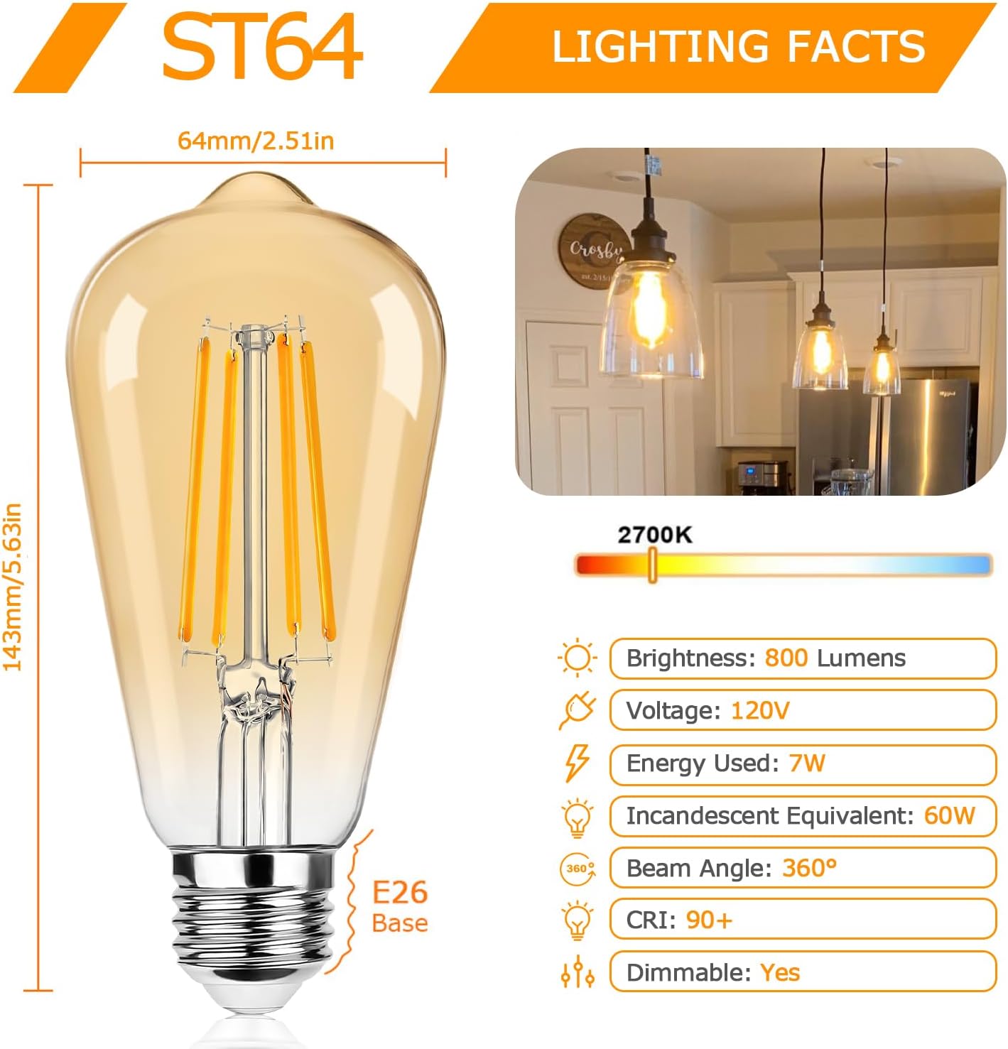 12Packs ST64 Large Vintage LED Edison Bulbs, 60W Equivalent 7W, 800Lumens, Dimmable Antique LED Filament, 2700K Amber Warm White, E26 Medium Base Light Bulbs High Brightness for Bedroom Office