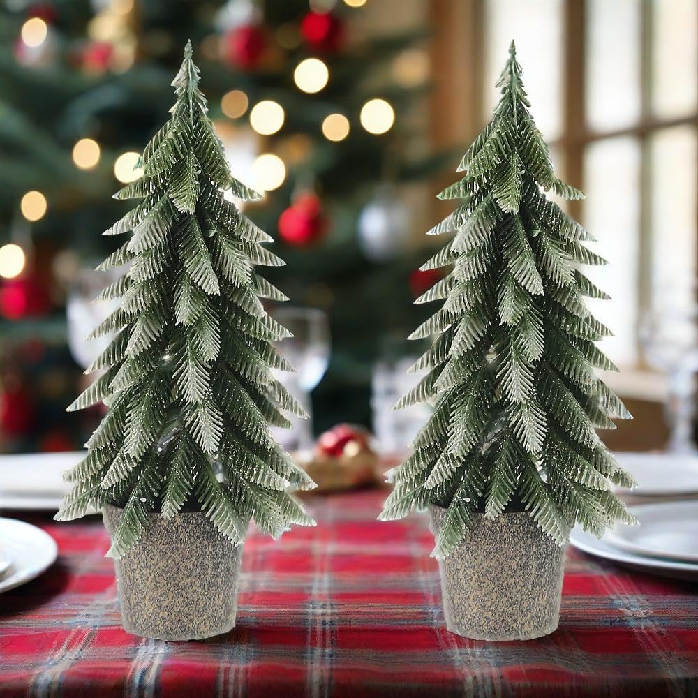 Mini Artificial Pine Trees in Decorative Pots, 2 Pack L Size Small Christmas Tree, Green Holiday Tabletop Christmas Trees Christmas Decorations for Bedroom Xmas Gifts (L)