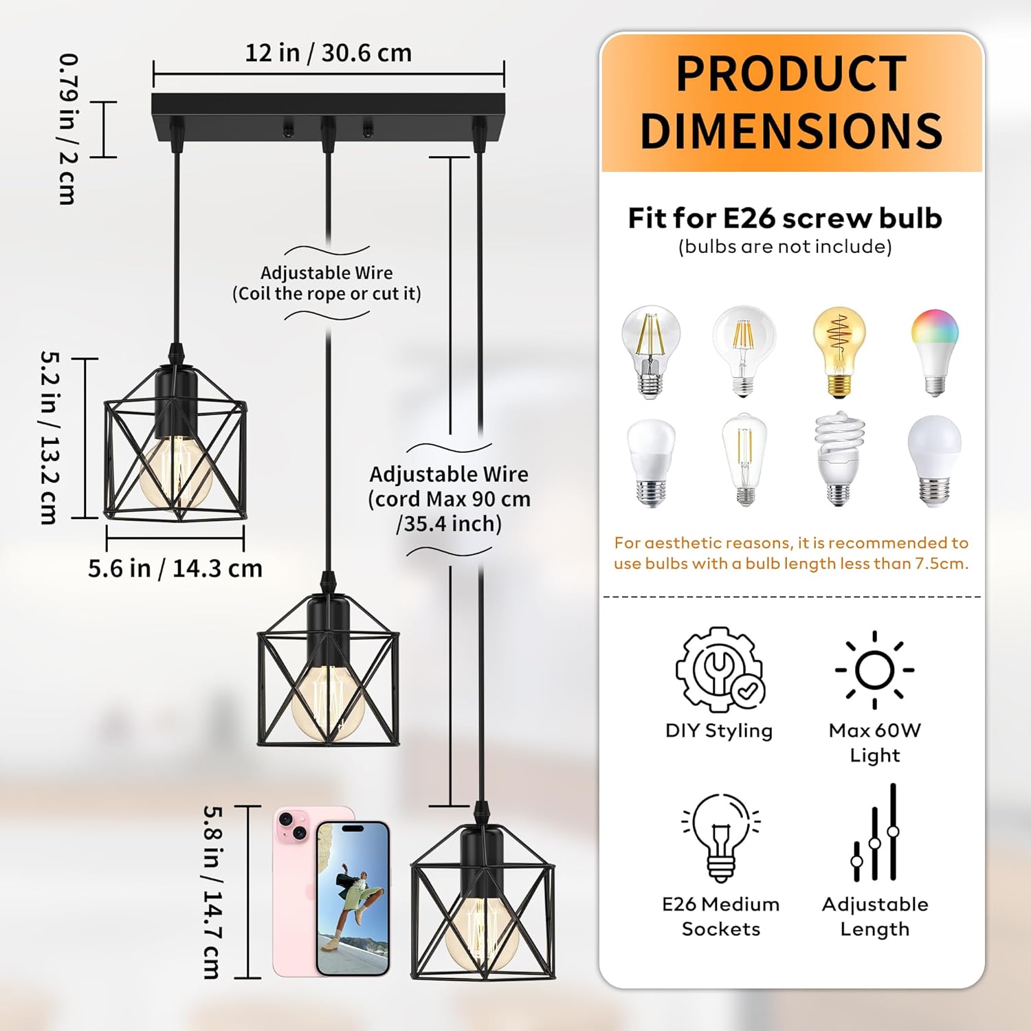 3-Light Pendant Lighting, Farmhouse Hanging Light Fixture for Kitchen Island & Dining Room, Industrial Vintage Ceiling Lamp with E26 Base, Adjustable Height, Matte Black