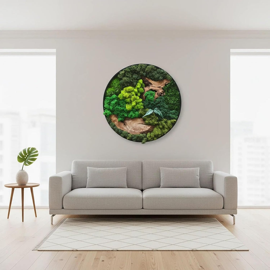 vadmepiop Natural Preserved Moss Wall Art with Real Wood Frame, Handcrafted Maintenance-Free Moss Wall Panel for Home Decor, Office, Restaurant, Bar & Cafe (Round, 11.81in)