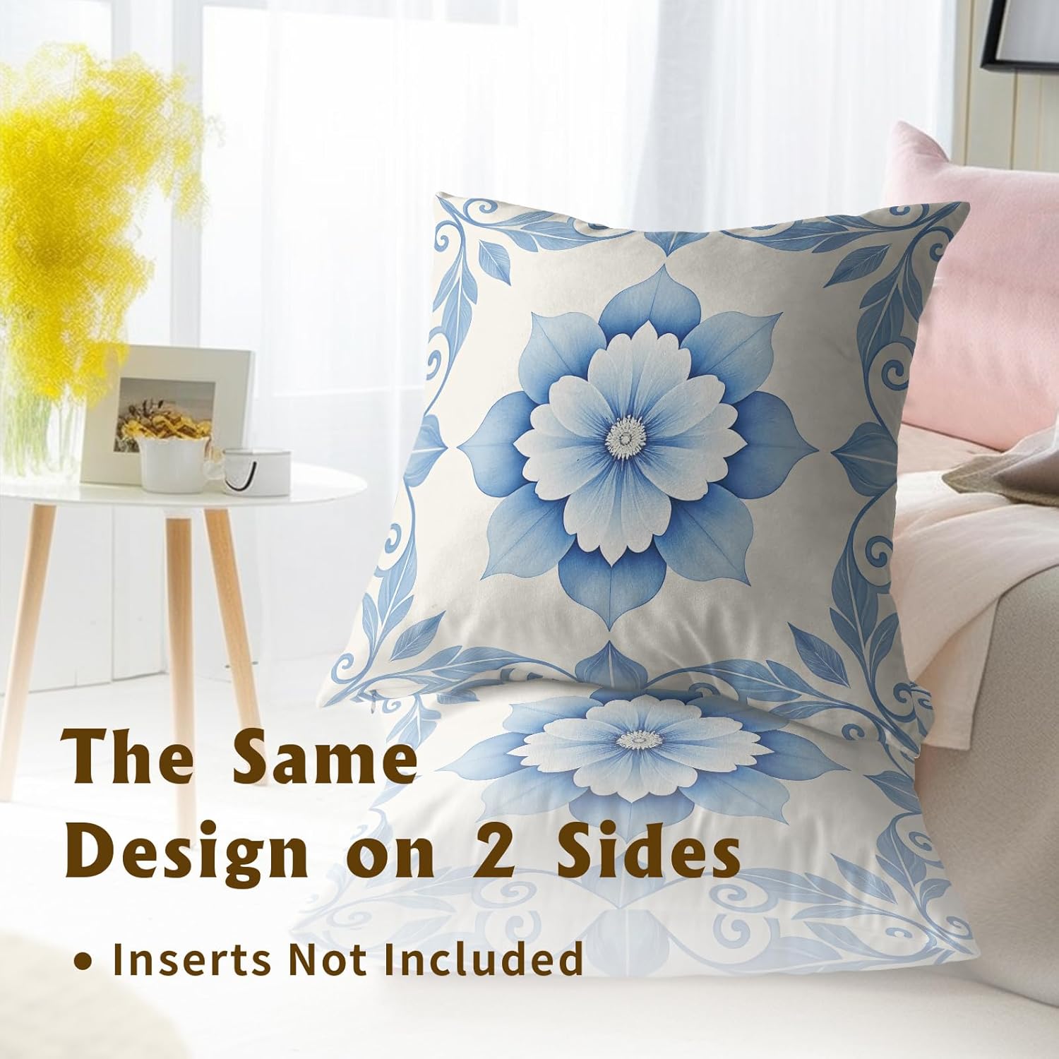 Boho Blue & White Floral Throw Pillow Covers Set of 2 Ultra-Soft All-Season Pillow Shams with Hidden Zipper,Durable for Sofa Bed Car Decor & Gift Luxury 18x18IN