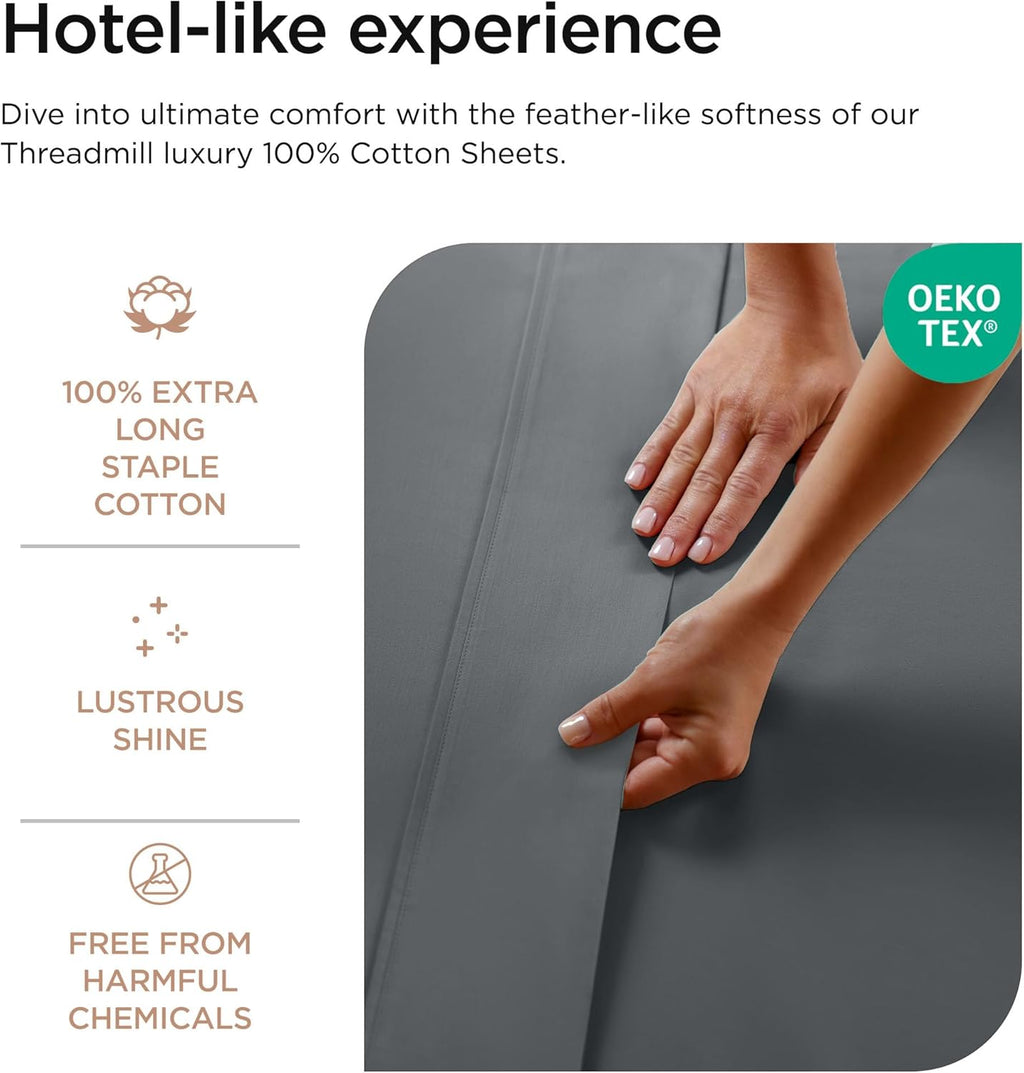 Threadmill 100% Cotton Sheets for King Size Bed - 600 Thread Count King Bed Sheets Set with 16” Deep Pocket - Sateen Weave 4-Piece Bedding Set with Cooling Effect, Dark Grey