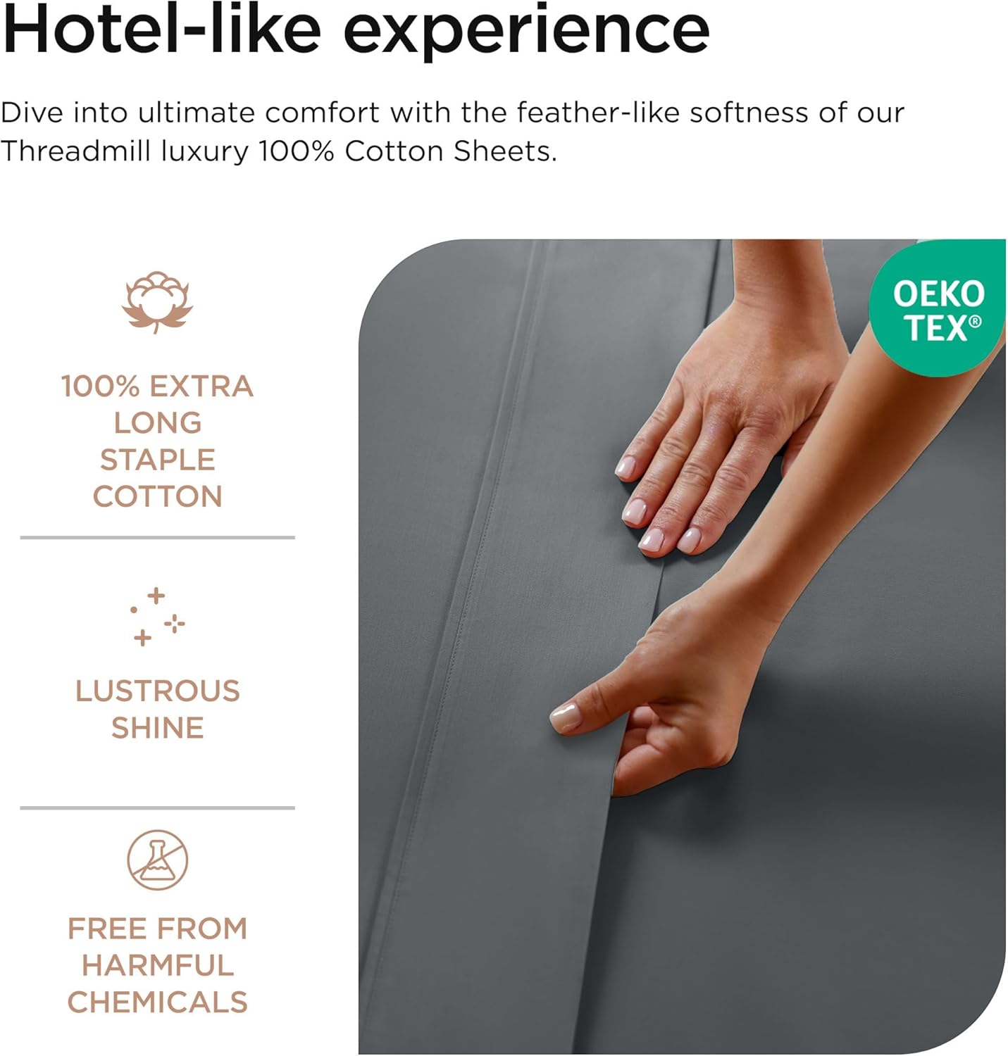 Threadmill 100% Cotton Sheets for King Size Bed - 600 Thread Count King Bed Sheets Set with 16” Deep Pocket - Sateen Weave 4-Piece Bedding Set with Cooling Effect, Dark Grey