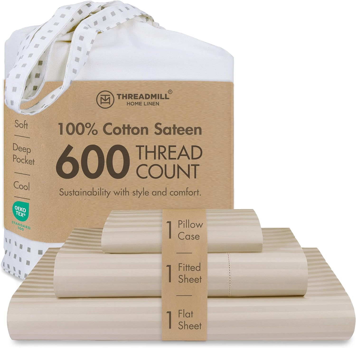 Threadmill 100% Cotton Sheets for Twin Size Bed - 600 Thread Count Twin Bed Sheets Set with 15” Deep Pocket - Damask Stripe Sateen Weave 3-Piece Bedding Set with Cooling Effect, Beige