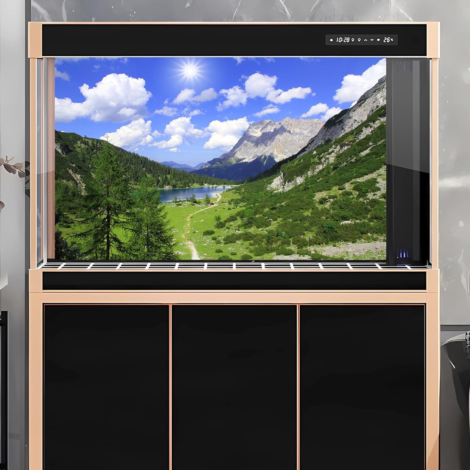 Mountains Aquarium Background Green Gobi Plants Pine Tree Terrarium Background Tranquil Lake Blue Sky Sunbeam with Cloud Fish Tank Background Mountain Theme Reptile Habitat Background 36x24in