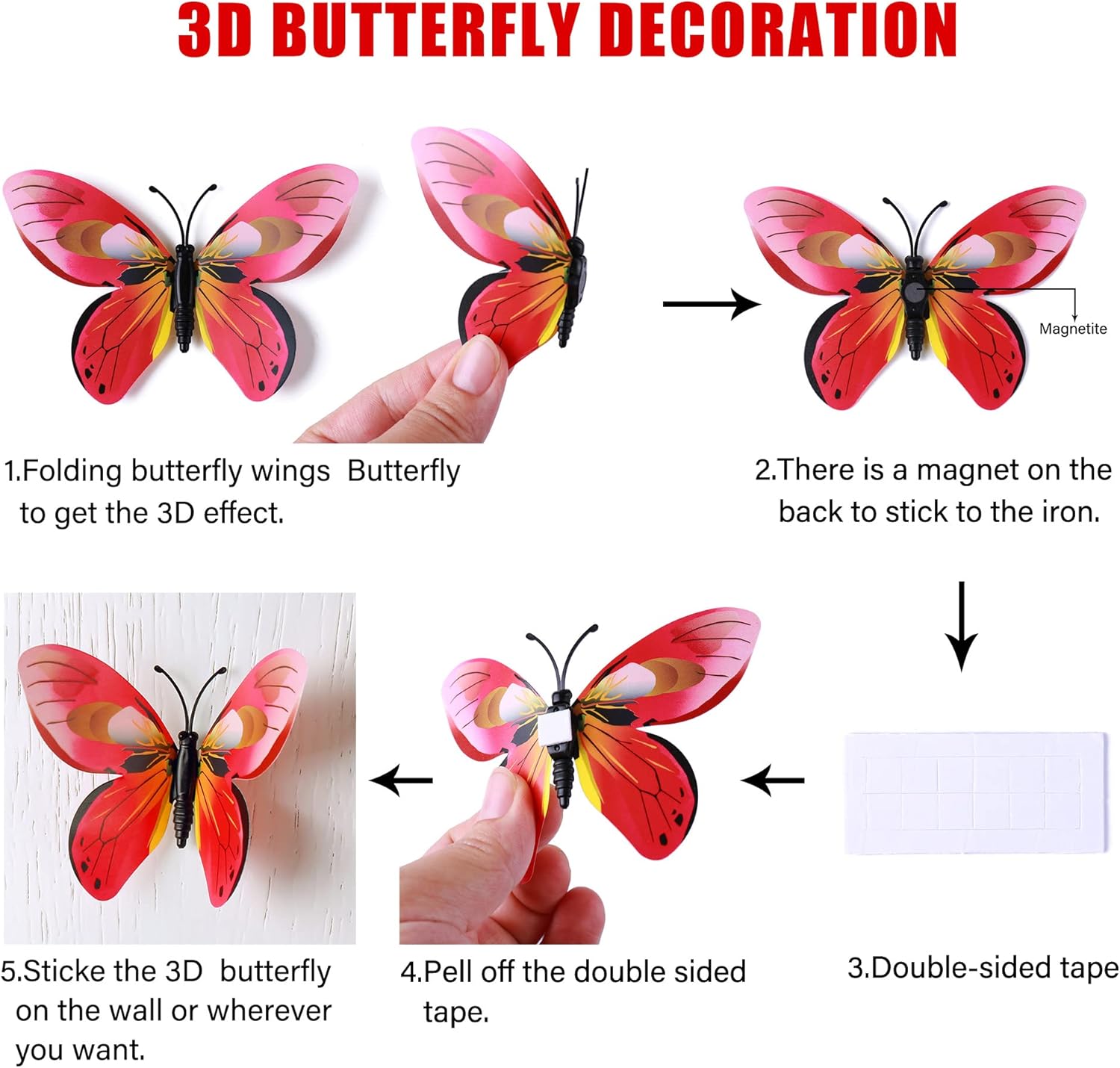 LiveGallery 72 PCS Red Removable 3D DIY Beautiful Butterfly Wall Decals Colorful Butterflies Art Decor Wall Stickers Murals for Kids Baby Boy Girls Bedroom Classroom Offices (Red)